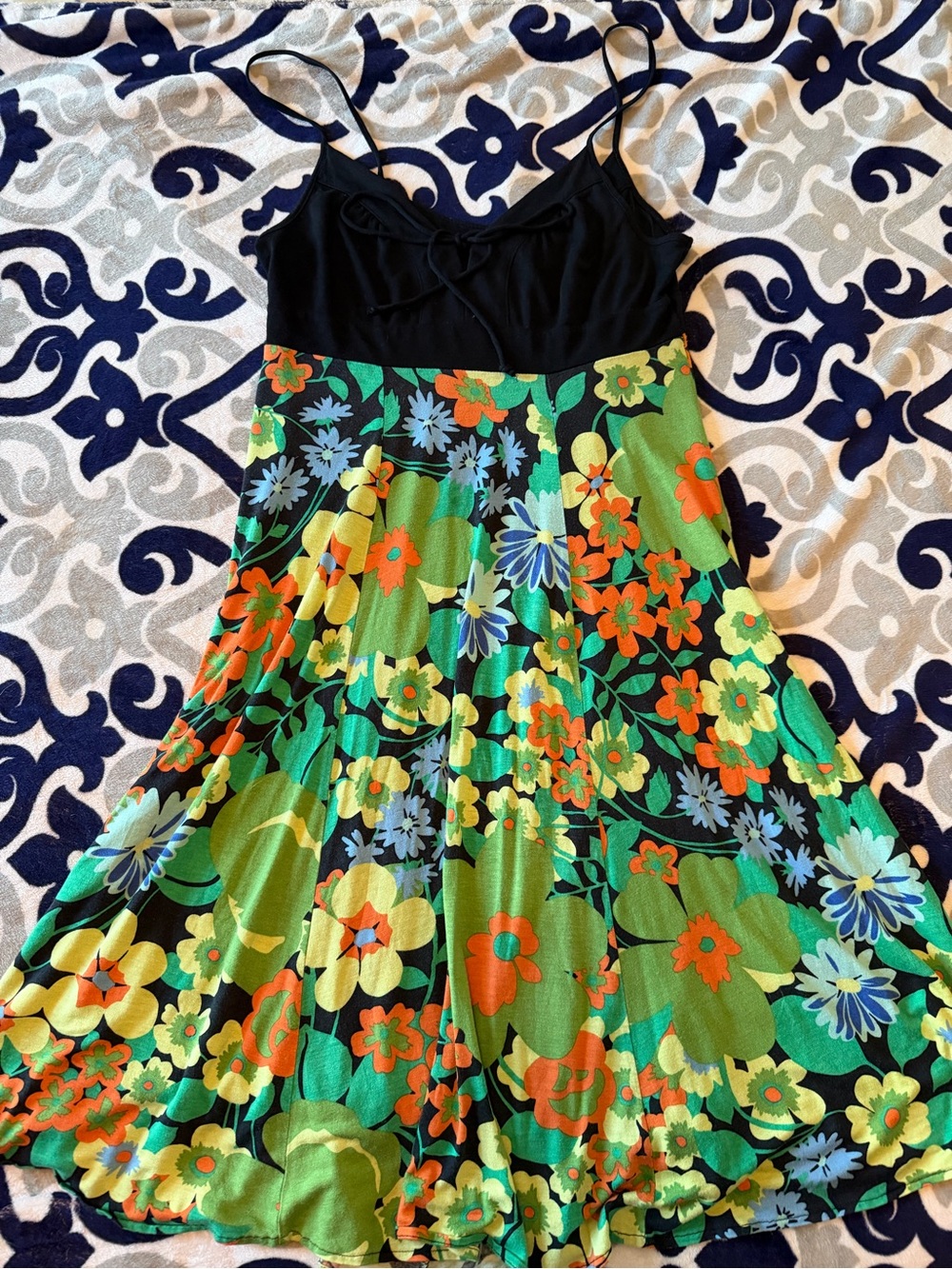 Black & Green Floral Spaghetti-Strap Dress